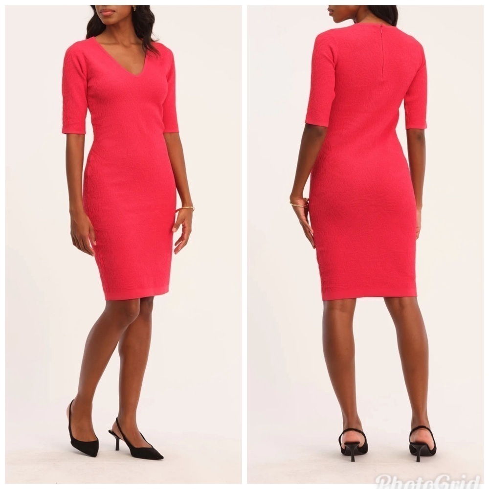 Carmen Marc Valvo V-Neck Red Jacquard Sheath Dress - NWOT